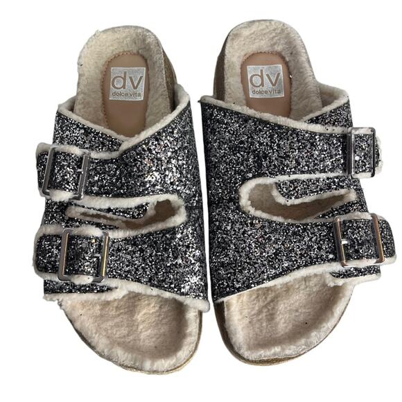 DV Dolce Vita Sparkle Sherpa Two Strap Sandals Womens 6.5 Footbed Comfort Silver - Picture 2 of 9
